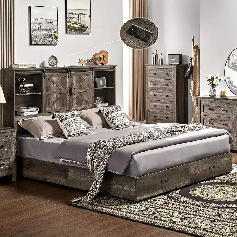 AMERLIFE Wooden Platform Bed with Bookcase Headboard, 2 Drawers, Charging Station