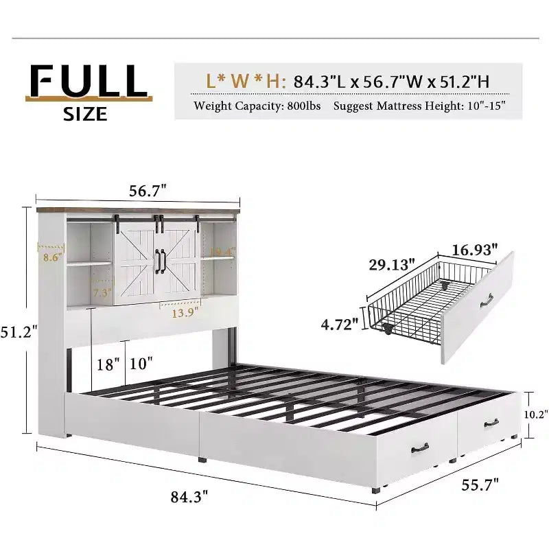 AMERLIFE Wooden Platform Bed with Bookcase Headboard, 2 Drawers, Charging Station