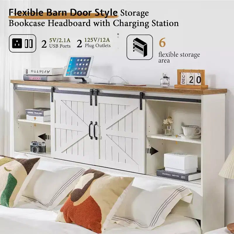 AMERLIFE Wooden Platform Bed with Bookcase Headboard, 2 Drawers, Charging Station