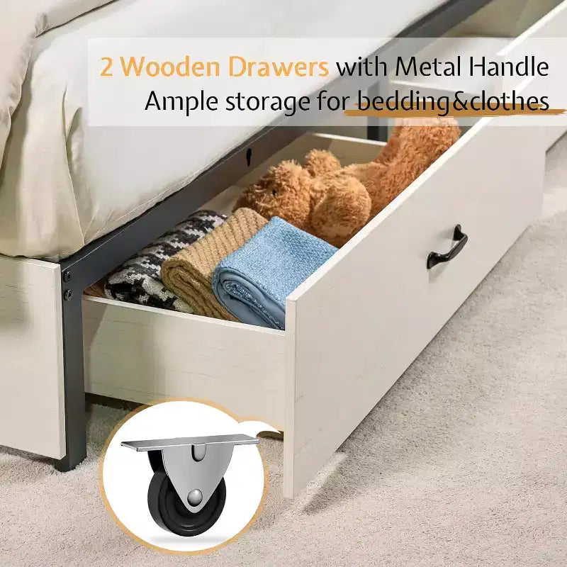 AMERLIFE Wooden Platform Bed with Bookcase Headboard, 2 Drawers, Charging Station