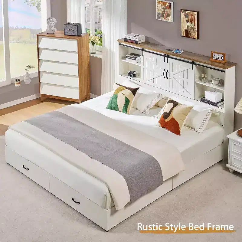 AMERLIFE Wooden Platform Bed with Bookcase Headboard, 2 Drawers, Charging Station