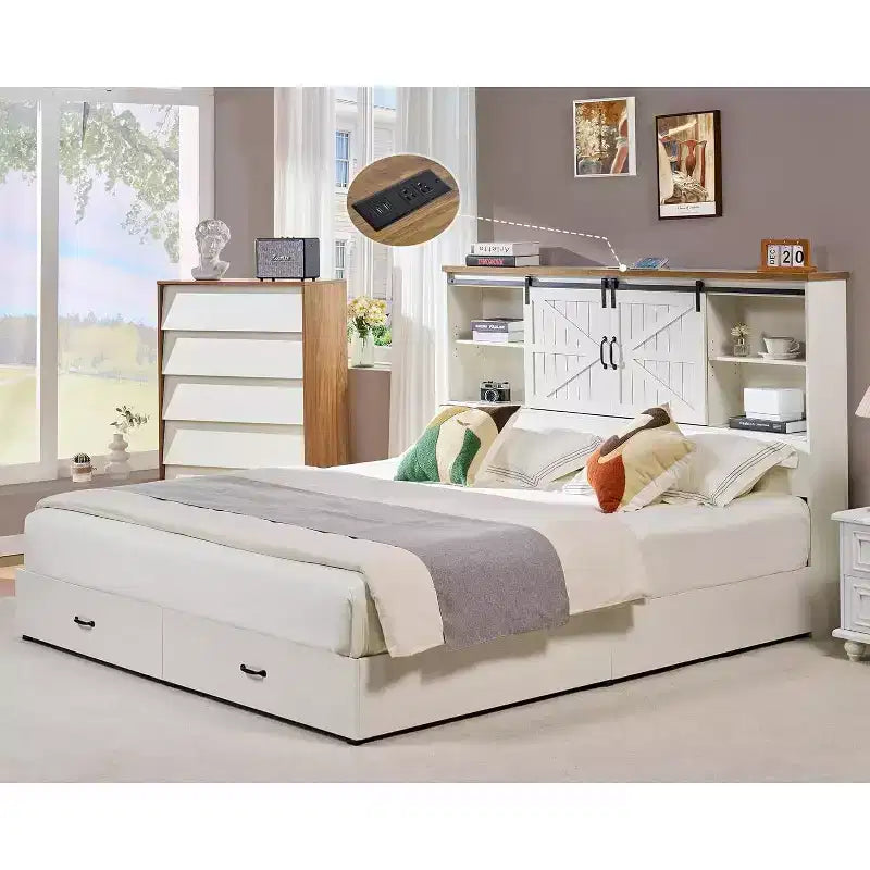 AMERLIFE Wooden Platform Bed with Bookcase Headboard, 2 Drawers, Charging Station