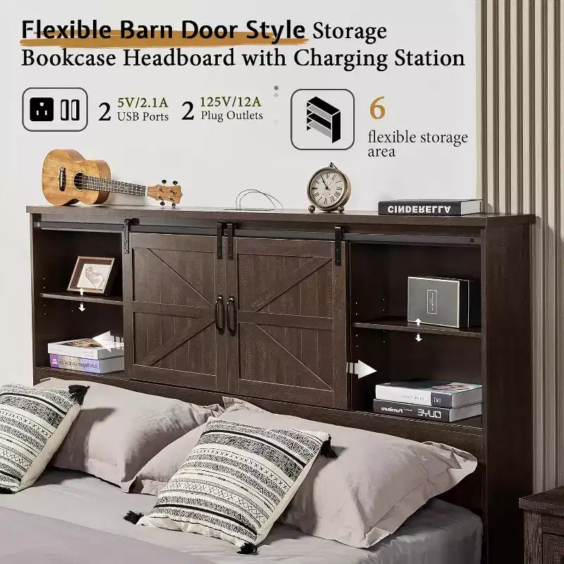 AMERLIFE Wooden Platform Bed with Bookcase Headboard, 2 Drawers, Charging Station