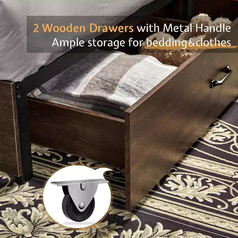 AMERLIFE Wooden Platform Bed with Bookcase Headboard, 2 Drawers, Charging Station