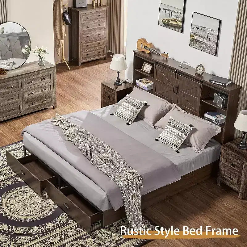 AMERLIFE Wooden Platform Bed with Bookcase Headboard, 2 Drawers, Charging Station