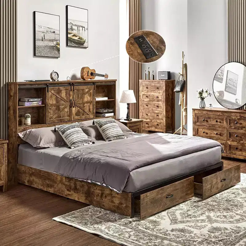 AMERLIFE Wooden Platform Bed with Bookcase Headboard, 2 Drawers, Charging Station