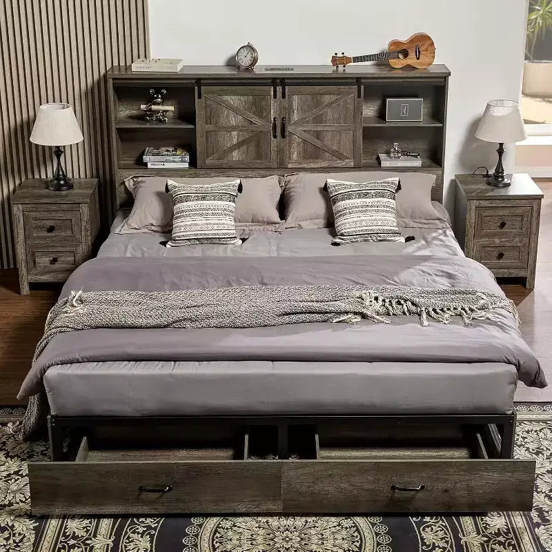 AMERLIFE Wooden Platform Bed with Bookcase Headboard, 2 Drawers, Charging Station