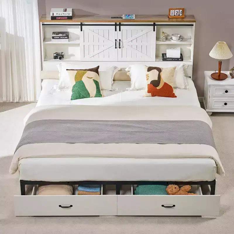 AMERLIFE Wooden Platform Bed with Bookcase Headboard, 2 Drawers, Charging Station