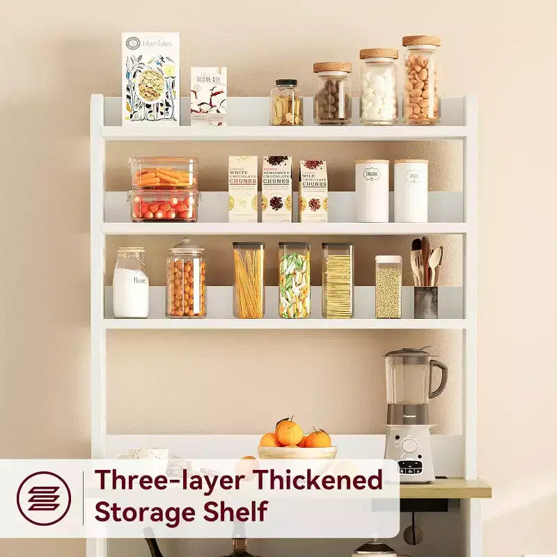 Bakers Rack With Storage - Microwave Stand With Power Outlets, With Thick Table Top, Farmhouse Pantry Hutch Bakers Rack for Kitchen, Dining Room