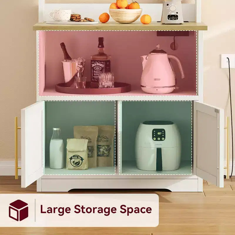 Bakers Rack With Storage - Microwave Stand With Power Outlets, With Thick Table Top, Farmhouse Pantry Hutch Bakers Rack for Kitchen, Dining Room