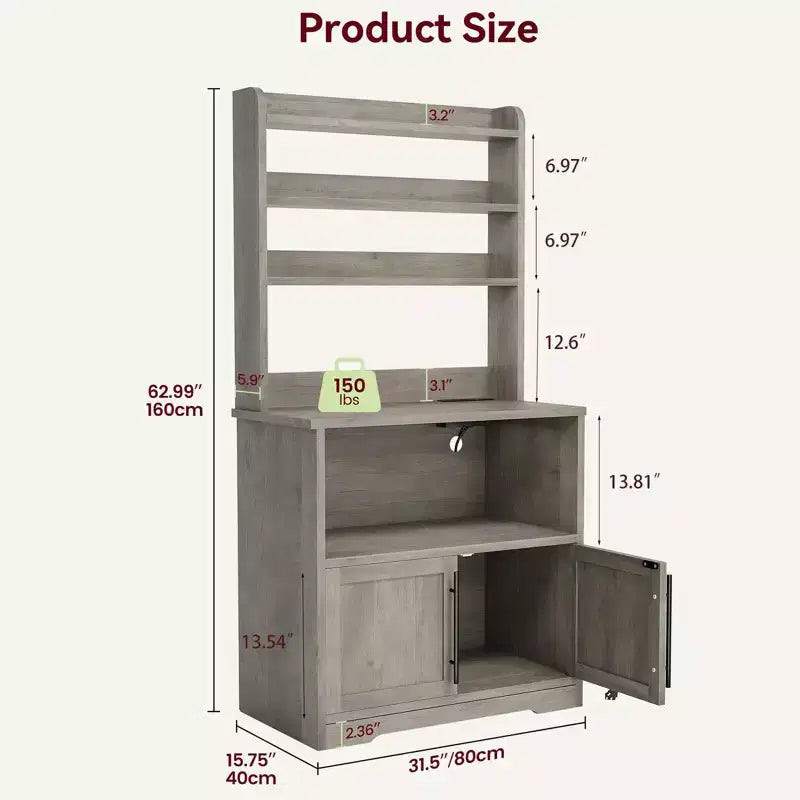 Bakers Rack With Storage - Microwave Stand With Power Outlets, With Thick Table Top, Farmhouse Pantry Hutch Bakers Rack for Kitchen, Dining Room