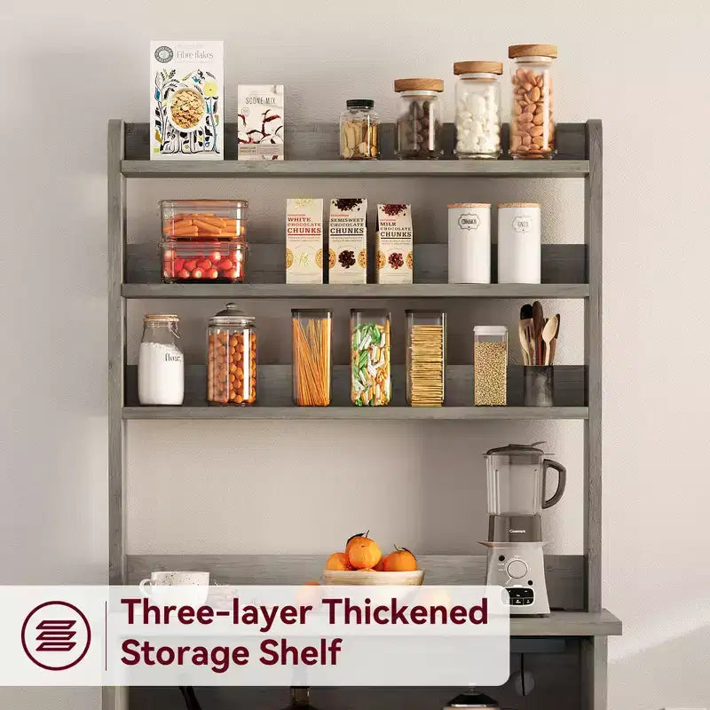 Bakers Rack With Storage - Microwave Stand With Power Outlets, With Thick Table Top, Farmhouse Pantry Hutch Bakers Rack for Kitchen, Dining Room