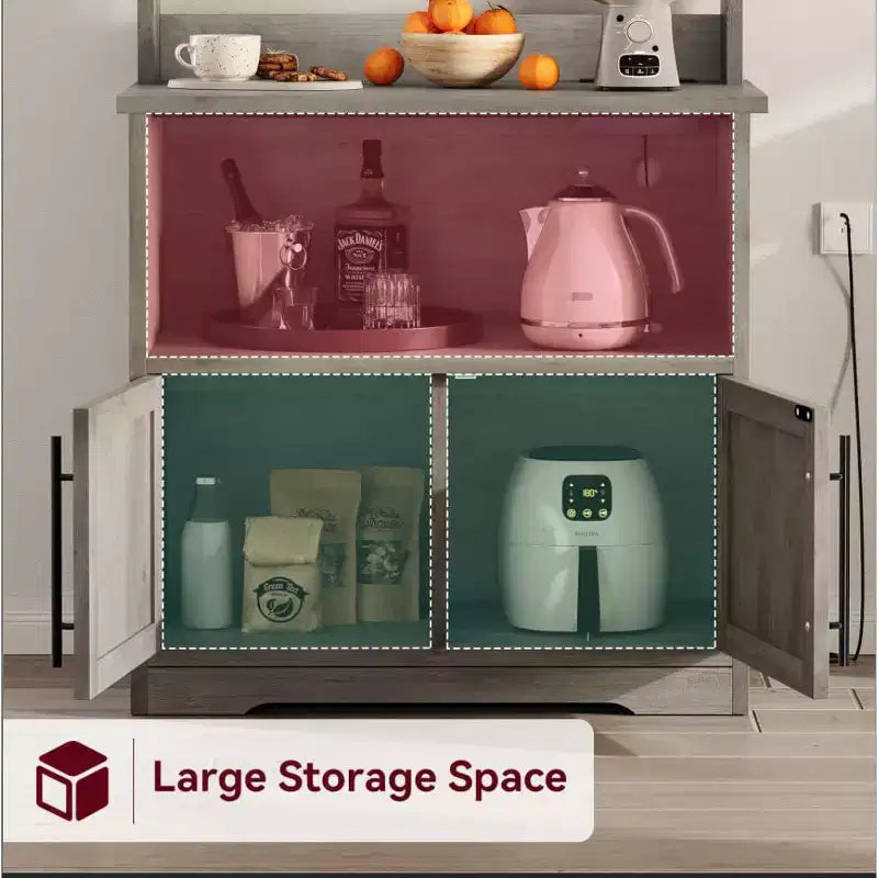 Bakers Rack With Storage - Microwave Stand With Power Outlets, With Thick Table Top, Farmhouse Pantry Hutch Bakers Rack for Kitchen, Dining Room