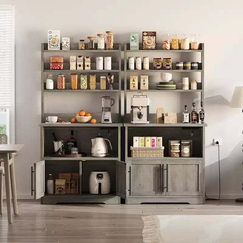 Bakers Rack With Storage - Microwave Stand With Power Outlets, With Thick Table Top, Farmhouse Pantry Hutch Bakers Rack for Kitchen, Dining Room