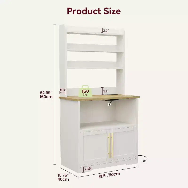 Bakers Rack With Storage - Microwave Stand With Power Outlets, With Thick Table Top, Farmhouse Pantry Hutch Bakers Rack for Kitchen, Dining Room
