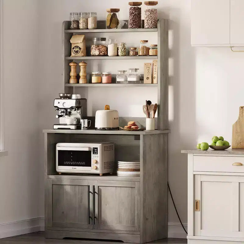Bakers Rack With Storage - Microwave Stand With Power Outlets, With Thick Table Top, Farmhouse Pantry Hutch Bakers Rack for Kitchen, Dining Room