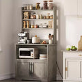 Bakers Rack With Storage - Microwave Stand With Power Outlets, With Thick Table Top, Farmhouse Pantry Hutch Bakers Rack for Kitchen, Dining Room