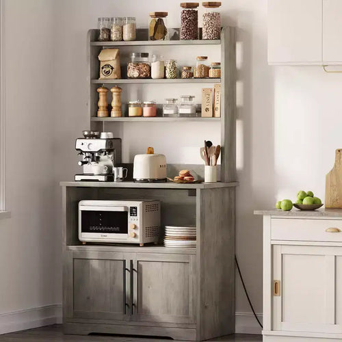 Bakers Rack With Storage - Microwave Stand With Power Outlets, With Thick Table Top, Farmhouse Pantry Hutch Bakers Rack for Kitchen, Dining Room