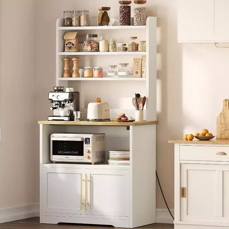 Bakers Rack With Storage - Microwave Stand With Power Outlets, With Thick Table Top, Farmhouse Pantry Hutch Bakers Rack for Kitchen, Dining Room