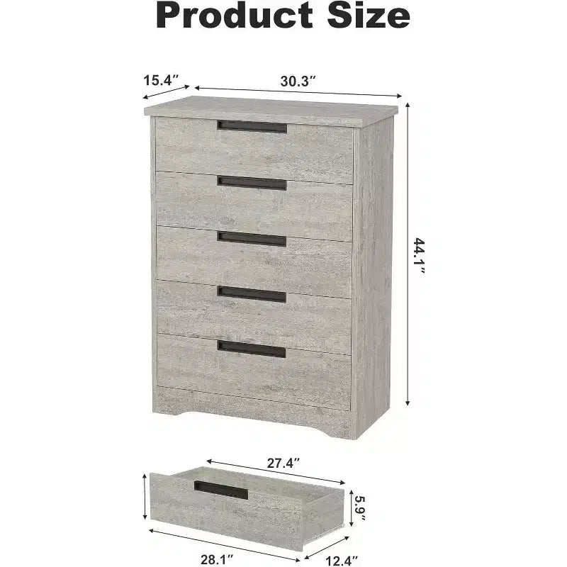 5-Drawer Wooden Dresser for Bedroom, Modern Gray Chest with Recessed Handles, Storage Organizer for Living Room, Nursery, Hallway, or Entryway