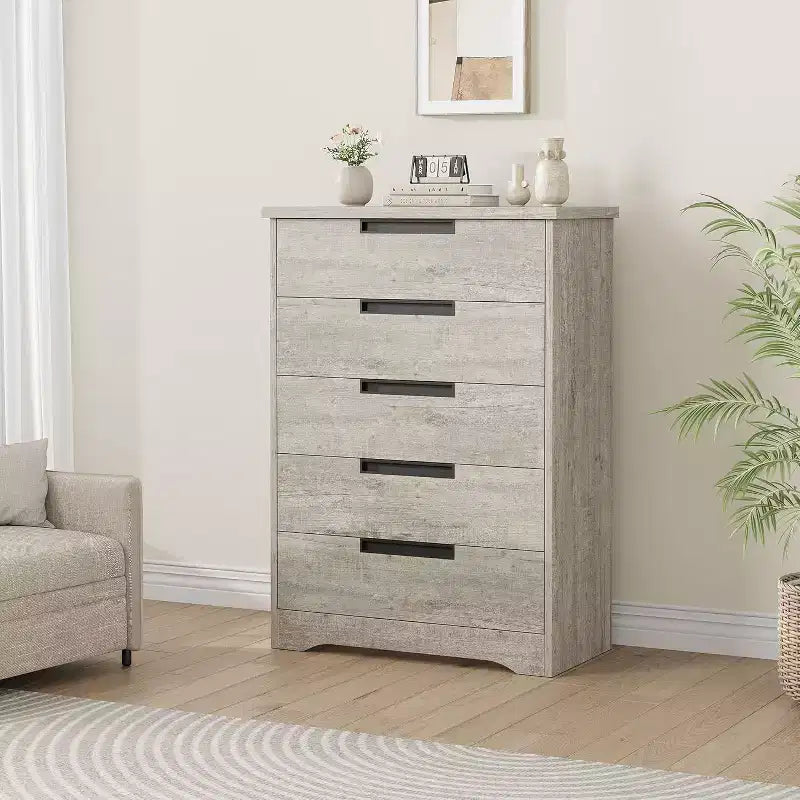 5-Drawer Wooden Dresser for Bedroom, Modern Gray Chest with Recessed Handles, Storage Organizer for Living Room, Nursery, Hallway, or Entryway