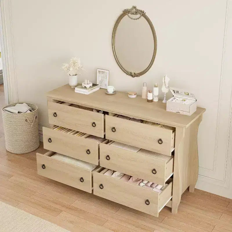 Modern Drawer Dresser - Sleek Boho Design with Woven Rattan, Curved Legs, and Versatile Storage for Bedroom, Living Room, or Hallway