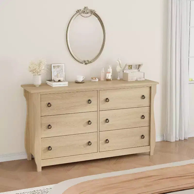 Modern Drawer Dresser - Sleek Boho Design with Woven Rattan, Curved Legs, and Versatile Storage for Bedroom, Living Room, or Hallway