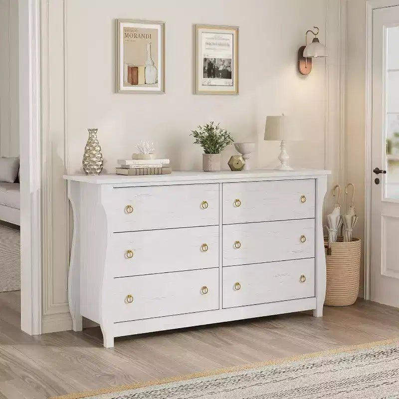 Modern Drawer Dresser - Sleek Boho Design with Woven Rattan, Curved Legs, and Versatile Storage for Bedroom, Living Room, or Hallway