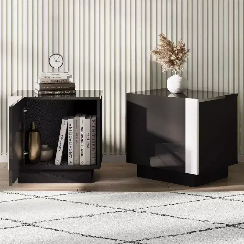 AMERLIFE 2PCS Entertainment Center Side Table Set with Storage, Modern End Tables with 2 Cabinet Doors