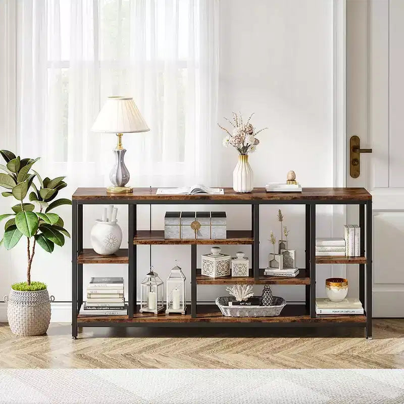 MAYEERTY 70.86 Inch Industrial Console Table Gray Wood Finish Black Metal Frame