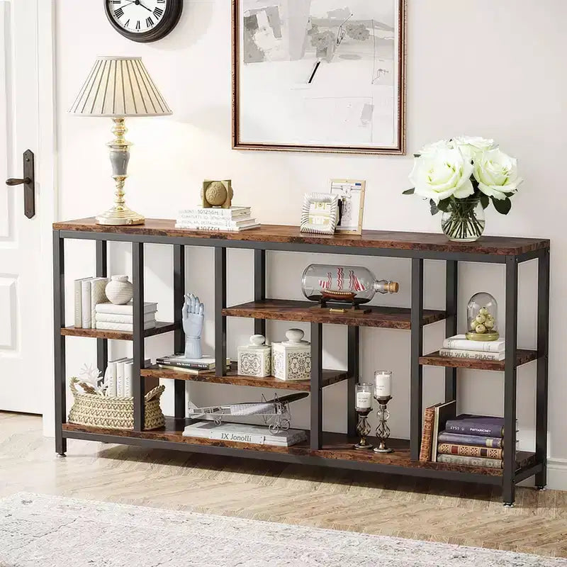 MAYEERTY 70.86 Inch Industrial Console Table Gray Wood Finish Black Metal Frame