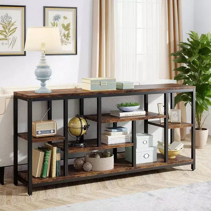 MAYEERTY 70.86 Inch Industrial Console Table Gray Wood Finish Black Metal Frame