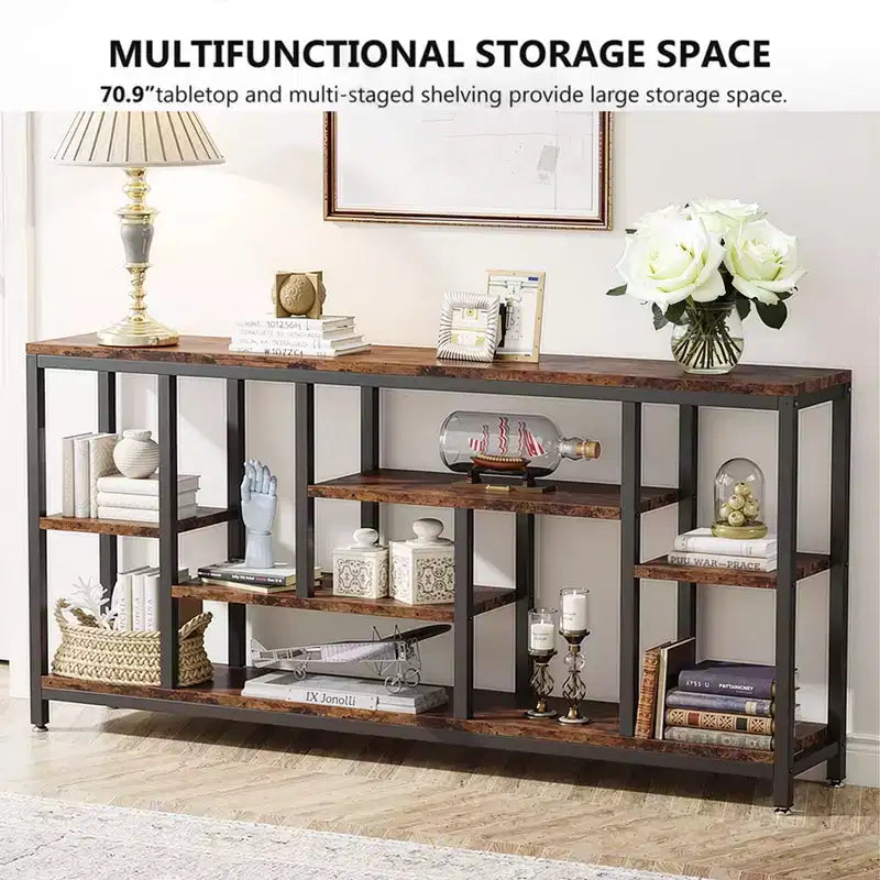 MAYEERTY 70.86 Inch Industrial Console Table Gray Wood Finish Black Metal Frame