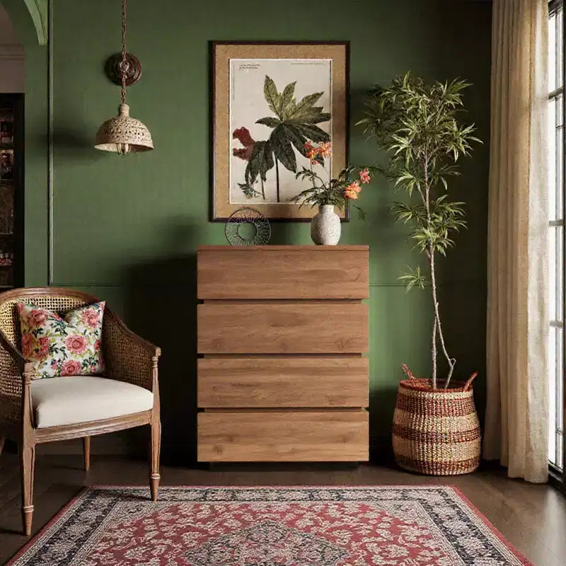 Luck Live Farmhouse 4-drawer storage corner cabinet in walnut color.