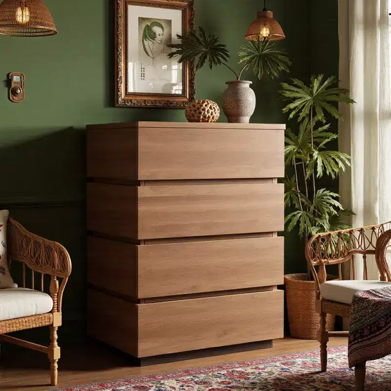Luck Live Farmhouse 4-drawer storage corner cabinet in walnut color.