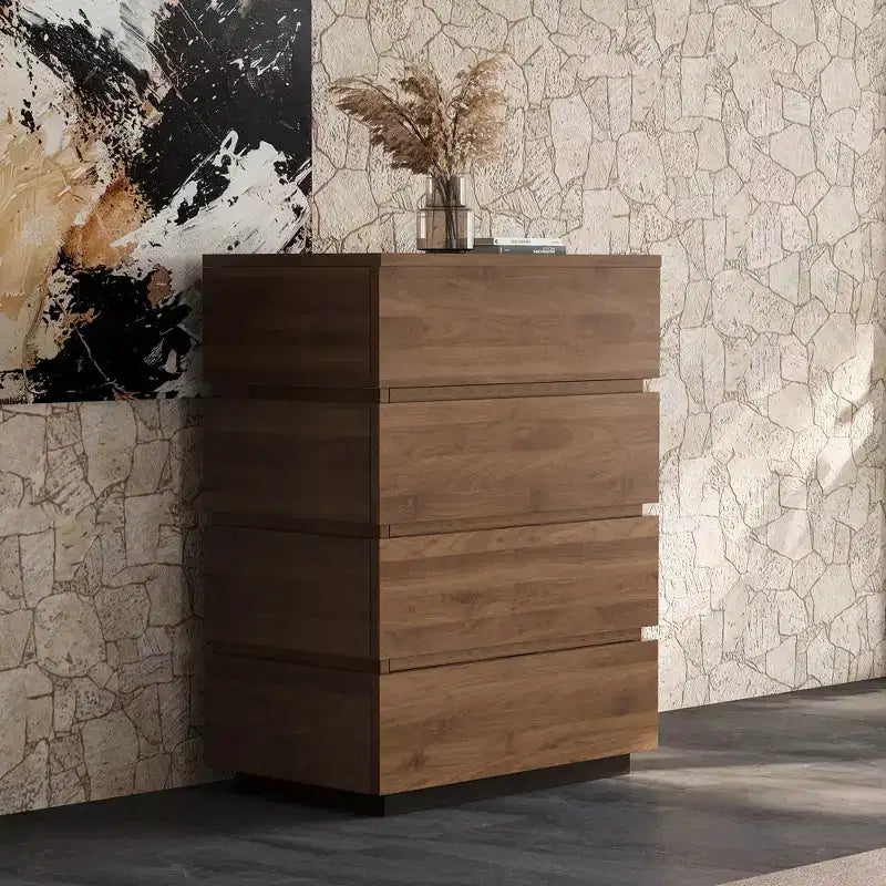 Luck Live Farmhouse 4-drawer storage corner cabinet in walnut color.