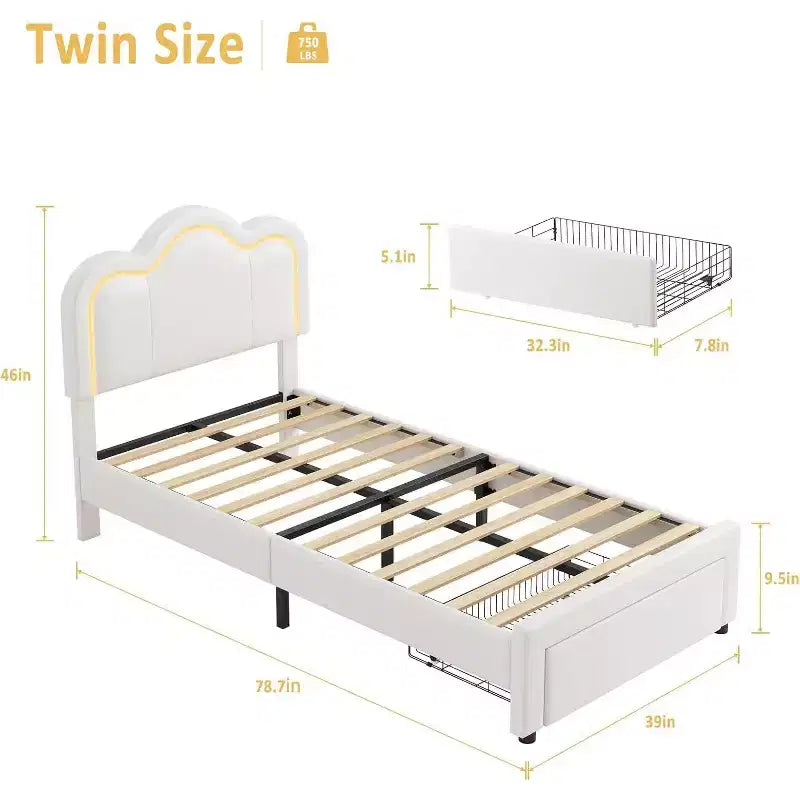 Twin Size Bed Frame with Storage Drawer , Velvet Princess Platform Bed with Adjustable Headboard, Wood Slats Support