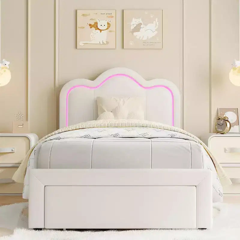 Twin Size Bed Frame with Storage Drawer , Velvet Princess Platform Bed with Adjustable Headboard, Wood Slats Support