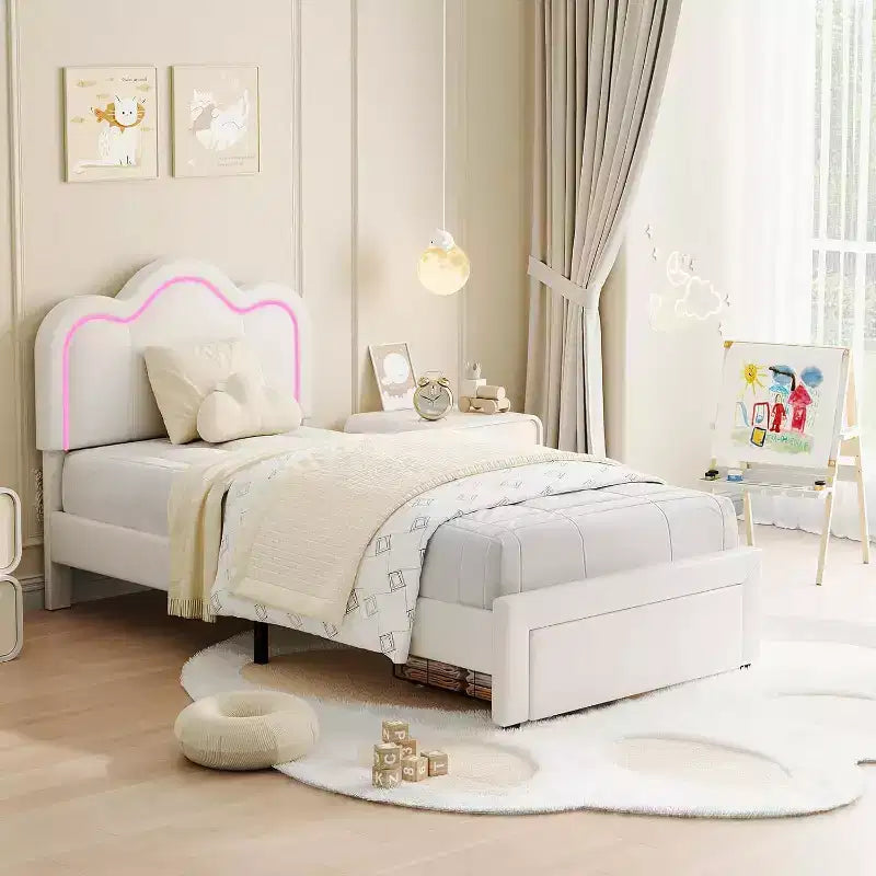 Twin Size Bed Frame with Storage Drawer , Velvet Princess Platform Bed with Adjustable Headboard, Wood Slats Support