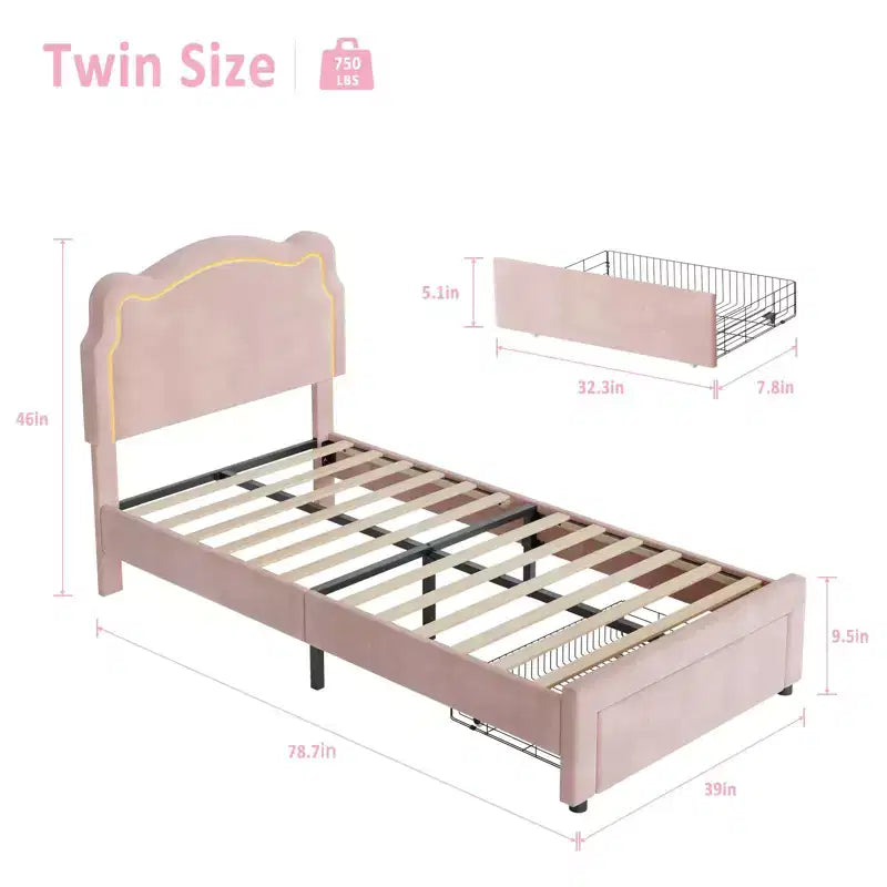 Twin Size Bed Frame with Storage Drawer , Velvet Princess Platform Bed with Adjustable Headboard, Wood Slats Support