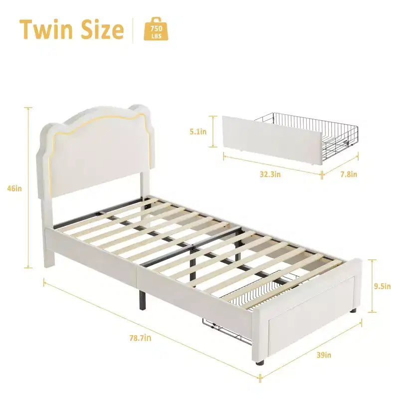 Twin Size Bed Frame with Storage Drawer , Velvet Princess Platform Bed with Adjustable Headboard, Wood Slats Support