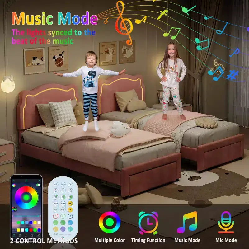 Twin Size Bed Frame with Storage Drawer , Velvet Princess Platform Bed with Adjustable Headboard, Wood Slats Support
