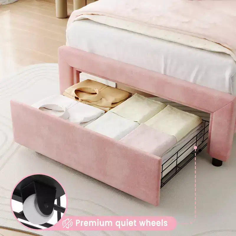 Twin Size Bed Frame with Storage Drawer , Velvet Princess Platform Bed with Adjustable Headboard, Wood Slats Support
