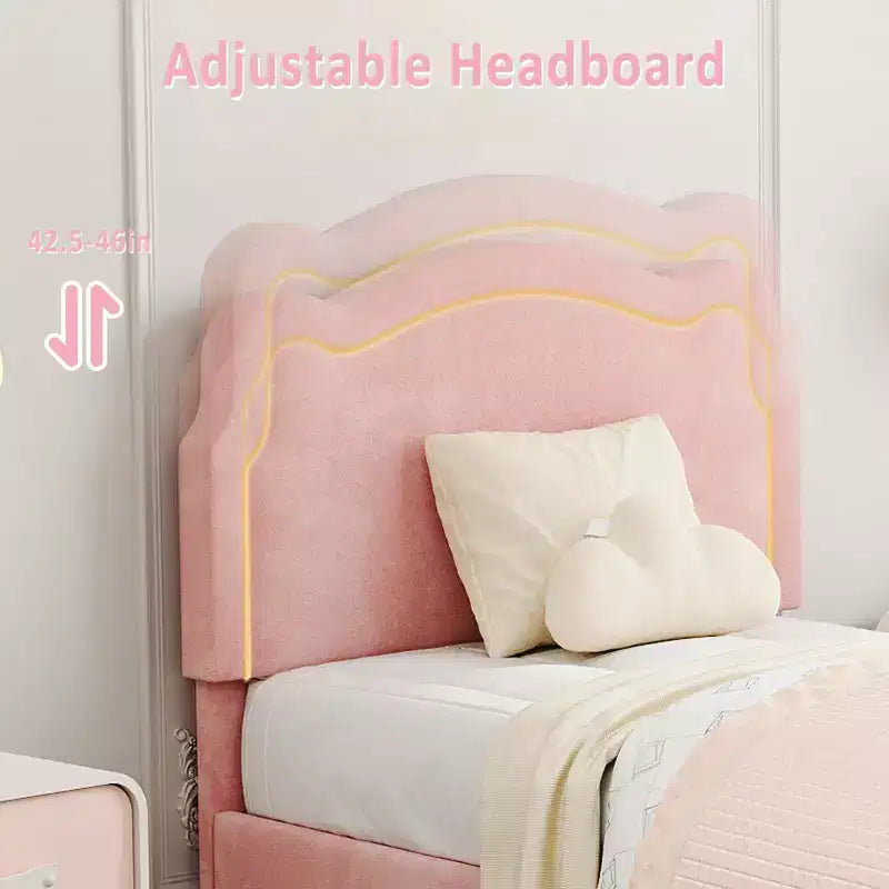 Twin Size Bed Frame with Storage Drawer , Velvet Princess Platform Bed with Adjustable Headboard, Wood Slats Support