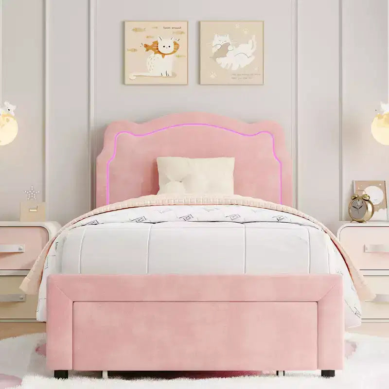 Twin Size Bed Frame with Storage Drawer , Velvet Princess Platform Bed with Adjustable Headboard, Wood Slats Support
