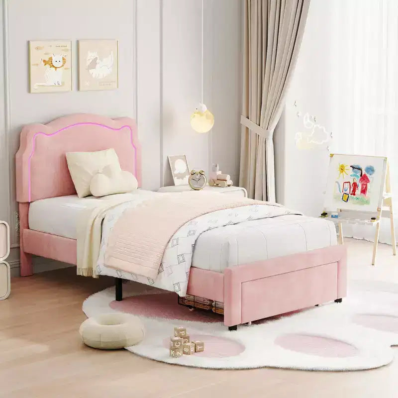 Twin Size Bed Frame with Storage Drawer , Velvet Princess Platform Bed with Adjustable Headboard, Wood Slats Support