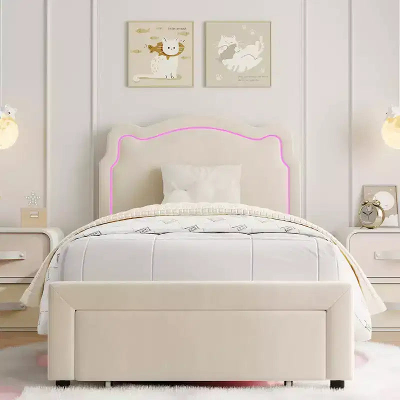 Twin Size Bed Frame with Storage Drawer , Velvet Princess Platform Bed with Adjustable Headboard, Wood Slats Support