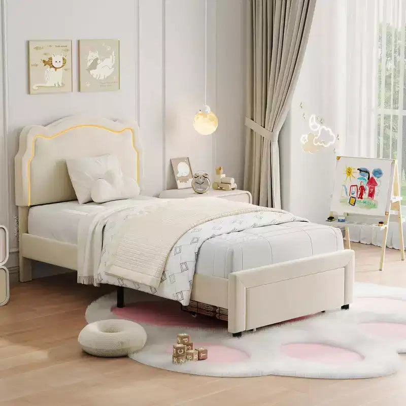 Twin Size Bed Frame with Storage Drawer , Velvet Princess Platform Bed with Adjustable Headboard, Wood Slats Support