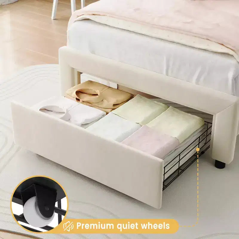 Twin Size Bed Frame with Storage Drawer , Velvet Princess Platform Bed with Adjustable Headboard, Wood Slats Support