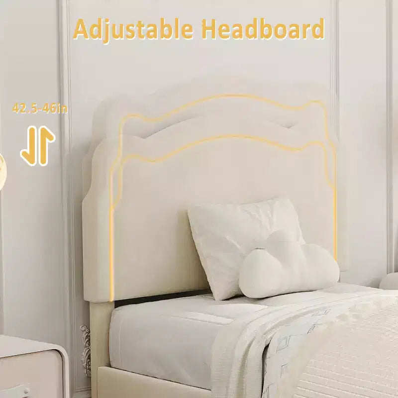 Twin Size Bed Frame with Storage Drawer , Velvet Princess Platform Bed with Adjustable Headboard, Wood Slats Support